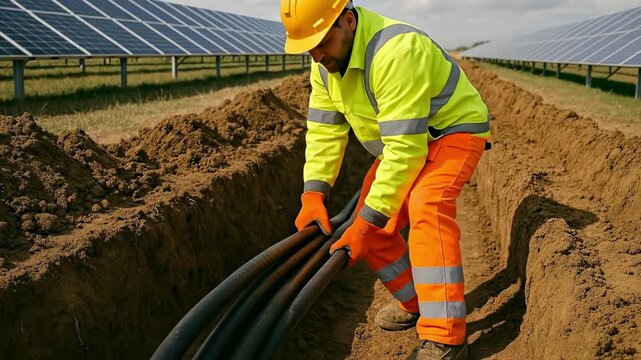 Solar Farm Technician Laying Electrical Cables in Trench for Renewable Energy Infrastructure
