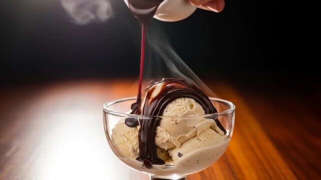 Hot Fudge Being Poured Over Vanilla Ice Cream in Glass Bowl on Wooden Table
