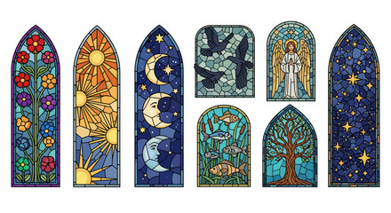 Diverse stained glass windows featuring nature elements and celestial themes