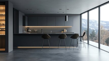 Sleek gray kitchen with a modern bar counter.