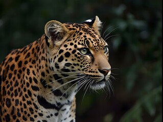 Fototapeta premium Javan Leopard Close-Up – Intense Gaze & Rosette Fur Detail in Blurred Green Forest Background