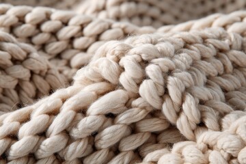 Close-up of Cream-Colored Chunky Knit Blanket with Textured Weave Pattern
