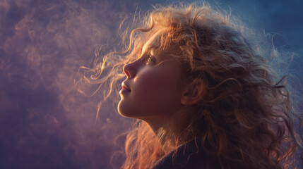Beautiful blonde young girl thoughtfully looks at the sunset, sunset time creates a romantic atmosphere, the girl has light curly hair. Advertising poster layout