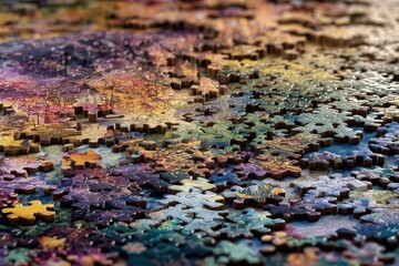 Colorful Jigsaw Puzzle Pieces Scattered on Surface, Close-Up View, Abstract Design, Artistic Puzzle Game, Hobby Concept.
