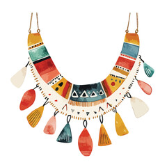 Vibrant Watercolor Statement Necklace with Geometric Tribal Design and Colorful Pendants