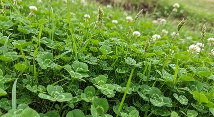Dew-Kissed Clover and Grass Blades in Lush Meadow