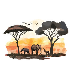 Watercolor African Savannah Scene with Elephants Giraffe Birds and Trees