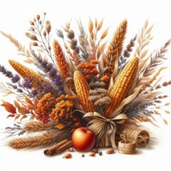 Harvest cornucopia with dried corn, wheat, ornamental grasses, autumn flowers, apple, cinnamon sticks, and nuts on white background.