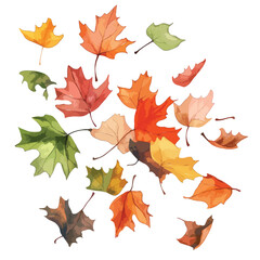 Watercolor Autumn Leaves in Various Hues of Green Yellow Orange and Red