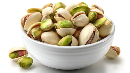 A close-up image shows a white bowl overflowing with pistachios against a crisp white backdrop.