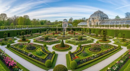 Formal Gardens with Ornate Glasshouse Panorama