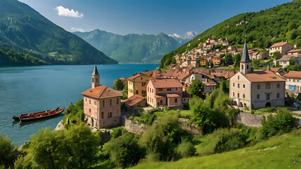 Obraz premium Village nestled against a backdrop of towering, lush green mountains under a clear blue sky.