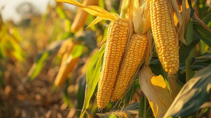Close-up view of ripe yellow corn cobs hanging from green stalks in a sunlit field, showcasing agricultural abundance and the beauty of nature's harvest season