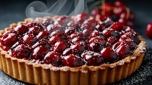 Delicious cherry tart with powdered sugar on a dark slate, ideal for dessert or bakery promotions.