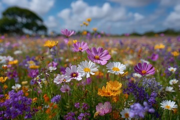 Obraz premium Colorful Wildflower Field Under Bright Blue Sky and Fluffy Clouds