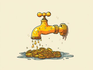 A cartoon faucet drips golden drops that turn into coins on the ground, visually representing wealth creation and financial opportunity