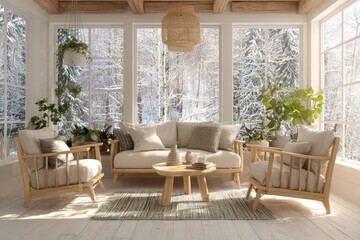 Fototapeta premium Cozy Winter Living Room with Snow View and Natural Light, Wooden Furniture.