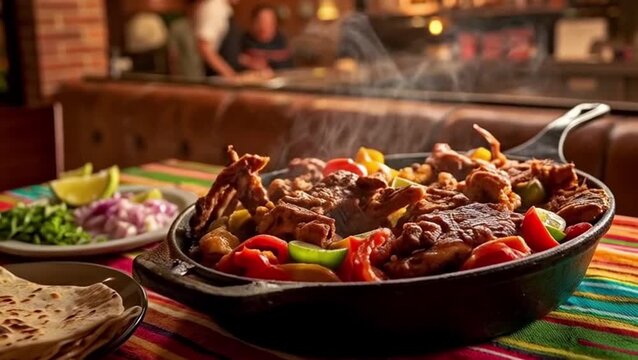 Sizzling cast iron skillet of chicken fajitas with colorful peppers and onions against rustic Mexican restaurant backdrop