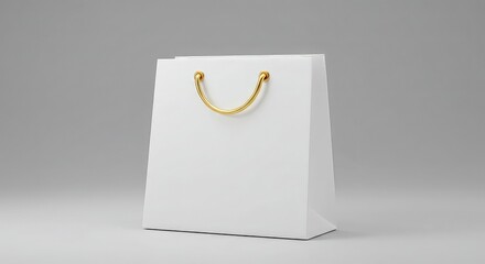 Elegant white shopping bag with gold handles for branding and marketing, ideal for retail promotions and product packaging mockups, showcasing premium quality