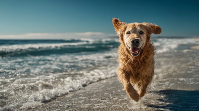 Happy Golden Retriever Running on Beach by the Ocean Waves