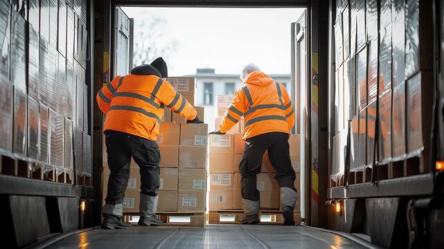 Two workers in reflective jackets unloading boxes from a truck, teamwork in logistics and freight distribution.
