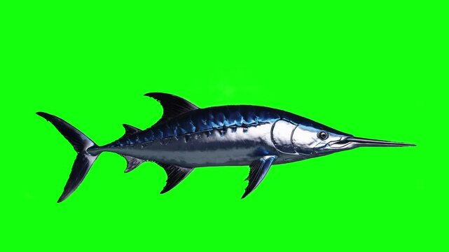 A streamlined swordfish with metallic blue skin and a long pointed bill swims dynamically across a green chroma key background. Ideal for action-themed marine content, fishing animations, or ocean ins