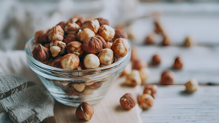Glass bowl filled with shelled nuts on wooden surface. Freshly gathered from nature. Close-up view.