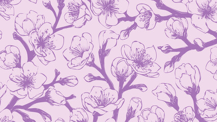 Purple and violet  seamless patterns background with flowers sakura.  Botanic tropical wallpaper with daisies flower and leaves. 
