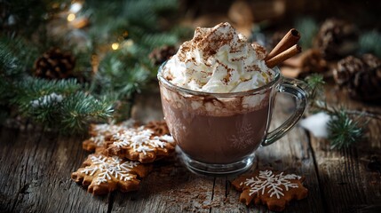 Cozy christmas hot chocolate with whipped cream and gingerbread cookies holiday season drink recipe idea