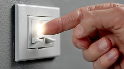 A hand is pressing a light switch, with a bright light on, illuminating the switch and the surrounding area.