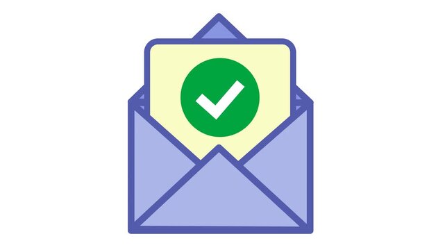 Approved checkmark on successful email delivery icon in cartoon animation. Mail notification symbol. Mailbox confirmation sign. Digital marketing validation and newsletter verification. Alpha channel.