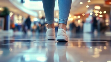 Naklejka premium Person walking in a shopping mall, wearing stylish white sneakers and blue jeans, with blurred shoppers and bright lights creating a vibrant atmosphere of consumer activity