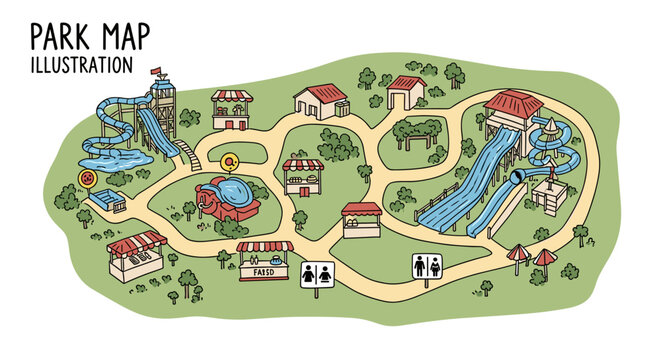 Colorful Hand-Drawn Theme Park Map with Water Slides and Shops