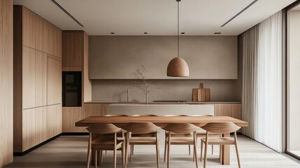Minimalist dining area with wooden furniture and neutral kitchen cabinets