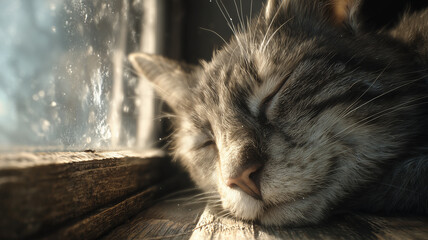Sleeping tabby cat resting on windowsill