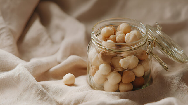 Round candies in a jar, with a warm, inviting tone that emphasizes sweetness and treats for a sweet indulgence