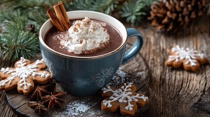 Fototapeta premium Hot chocolate with whipped cream and cinnamon sticks christmas holiday winter beverage drink recipe concept
