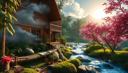 Quaint House and Pink Blossom Tree by a Gentle Stream