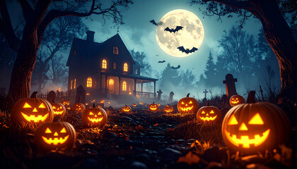 Fototapeta premium Spooky Halloween background with haunted house, glowing pumpkins, bats, full moon and foggy graveyard, eerie night illustration wallpaper design