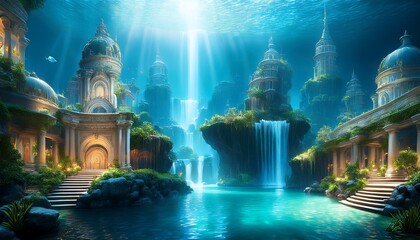 illuminated underwater city with cascading waterfalls and architectural marvels