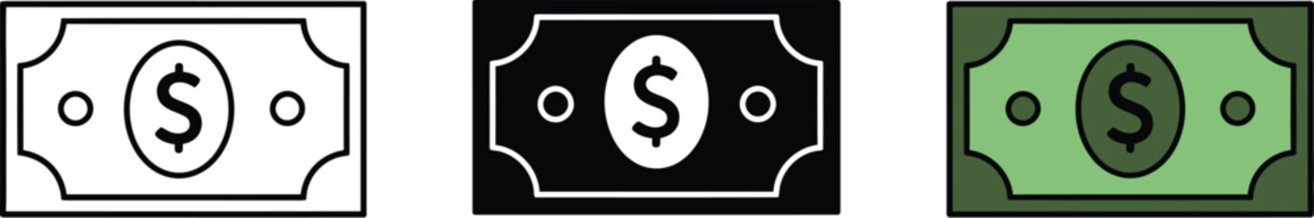Dollar Bill Icon Set in Three Styles on Transparent Background set dollar