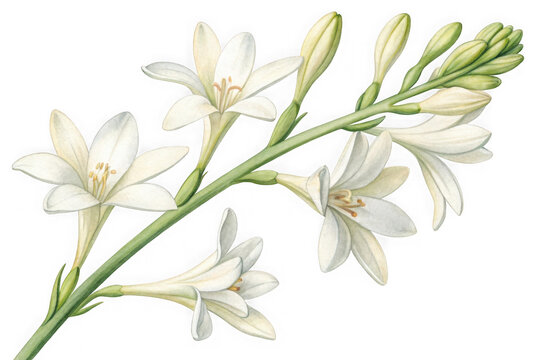Delicate white tuberose flowers with green buds on a slender stem isolated on transparent background