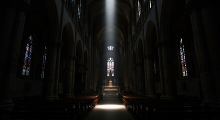 Fototapeta premium Interior view of a church with sunlight streaming through stained glass windows, illuminating the altar.