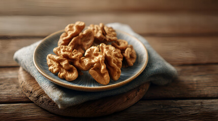 Fototapeta premium Walnut halves are arranged on a plate, placed on a blue cloth, resting on a wooden board.