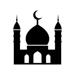 Black Silhouette of a Mosque with a Crescent Moon Symbol, Depicting Islamic Culture, Suitable for Design and Religious Projects, Simple Vector