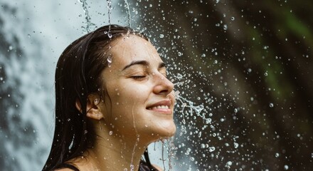 Obraz premium A young woman enjoys the refreshing spray of a waterfall, smiling with closed eyes.