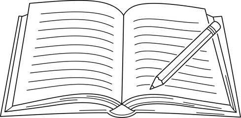 Open book with pencil outline drawing vector illustration on transparent background