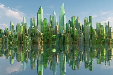 Naklejka premium Emerald Cityscape Reflection: Green Glass Buildings and Water