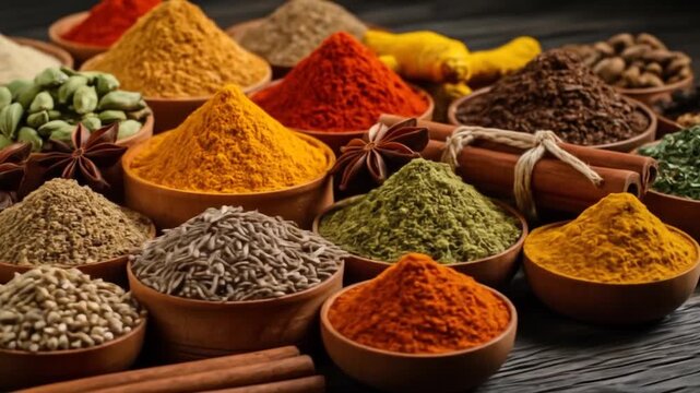 Vibrant Spice Collection: Aromatic Powders and Seeds in Wooden Bowls on Dark Wood Surface