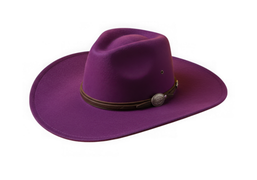 Purple cowboy hat with leather band isolated on transparent background